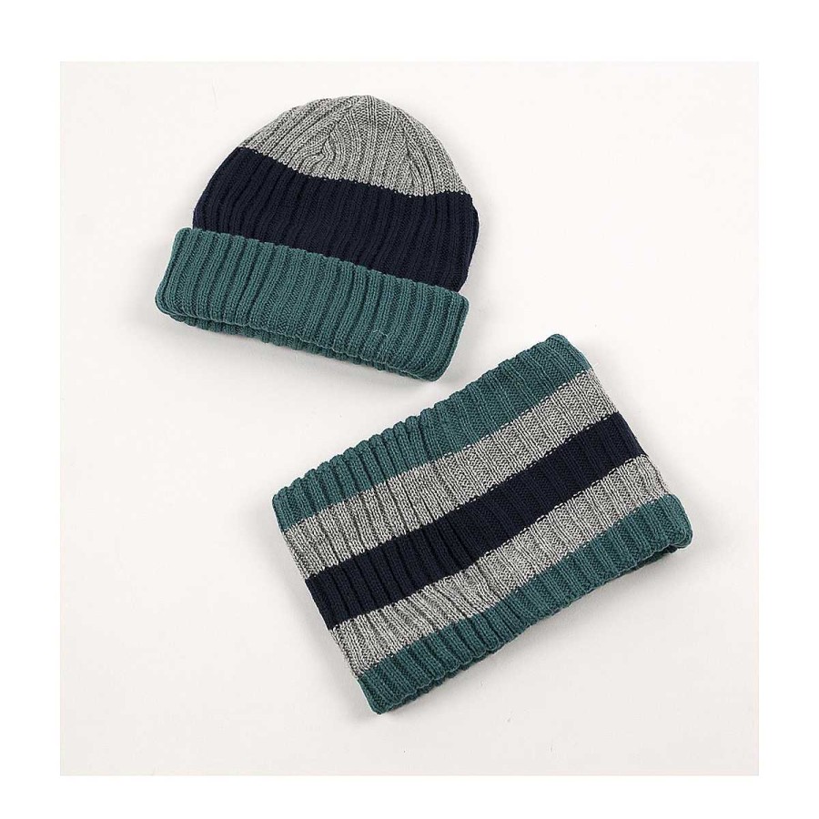 Moda BAYON Manoplas Y Gorros | Conjunto Gorro Y Cuello Rayas Bayon Verde