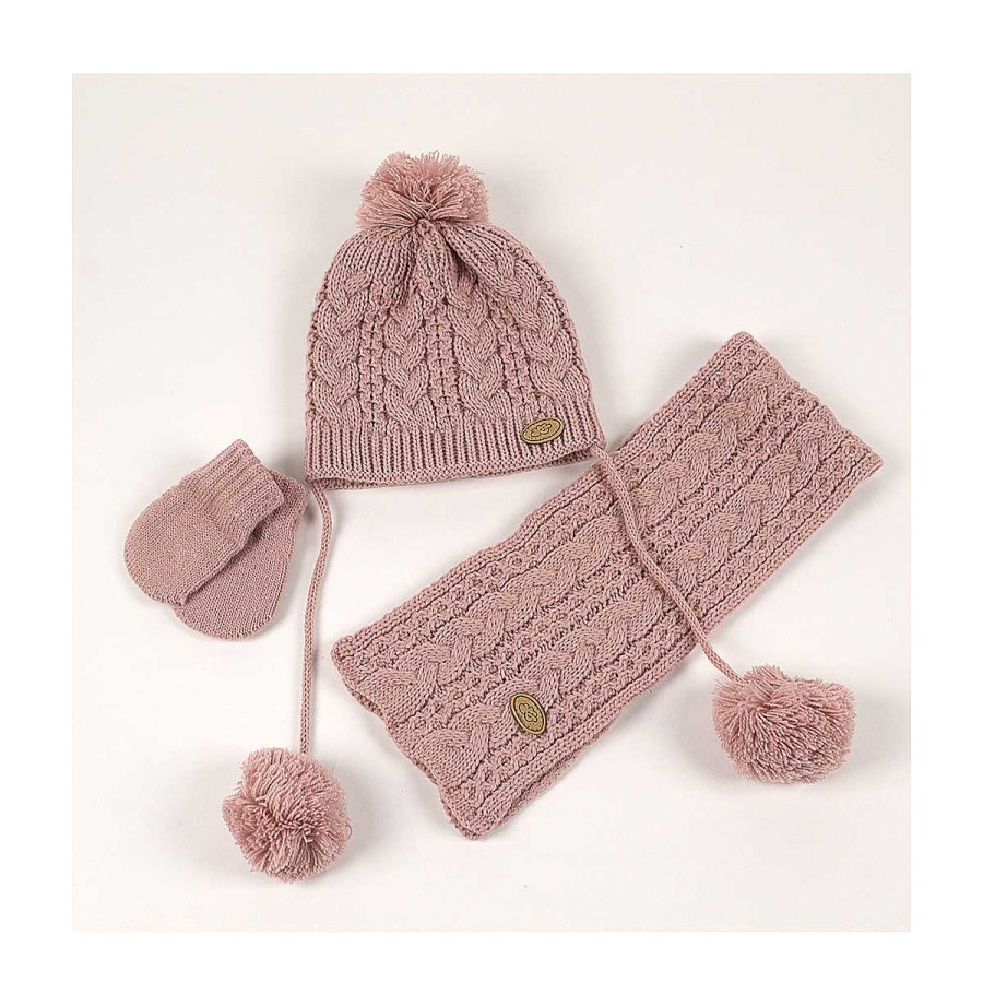 Moda BAYON Manoplas Y Gorros | Conjunto 3P Trenzas Pompom Bayon Rosa