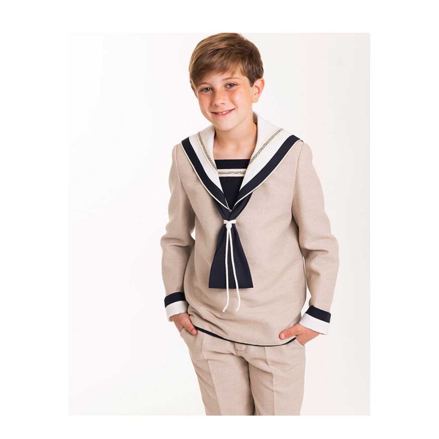 Moda TIMONELES Bautizo Y Ceremonia | Traje Muestrario De Comunion Marinero Lino Beige Timoneles