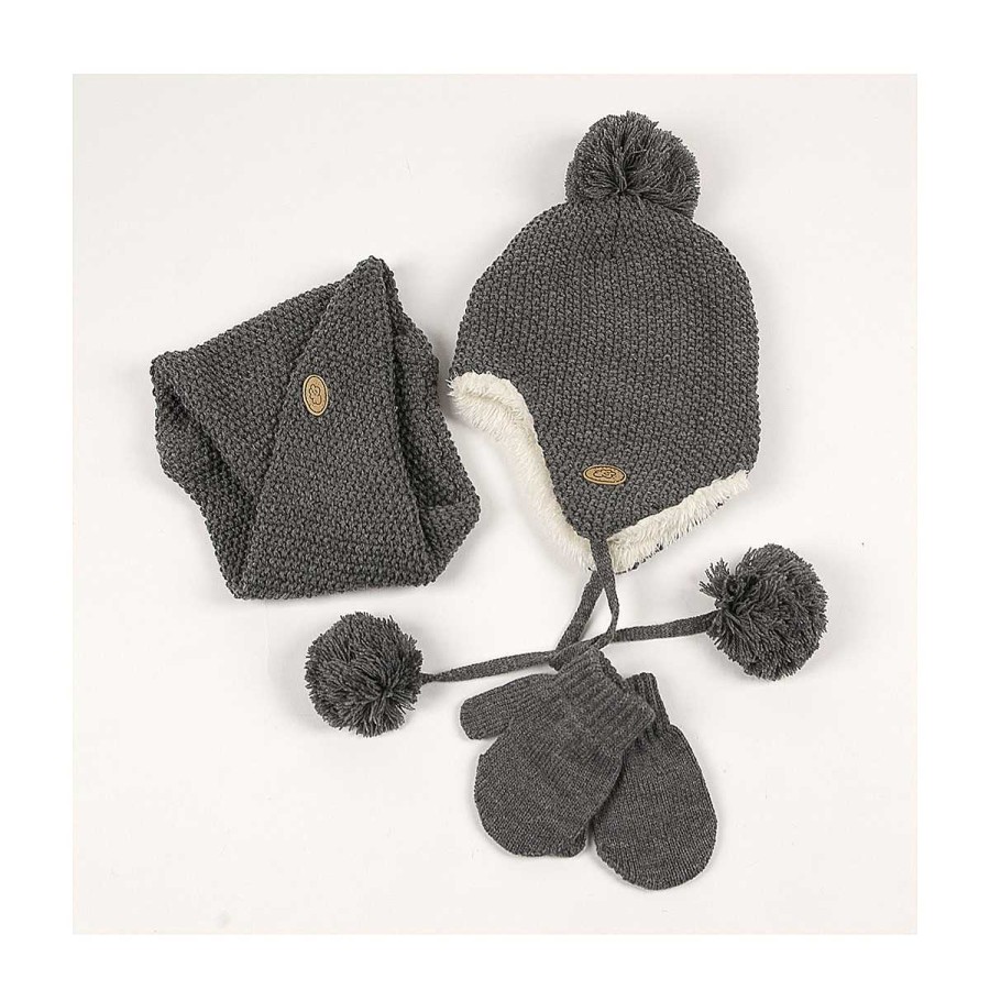 Moda BAYON Manoplas Y Gorros | Conjunto Bebe Gorro Y Cuello Manoplas Bayon Gris